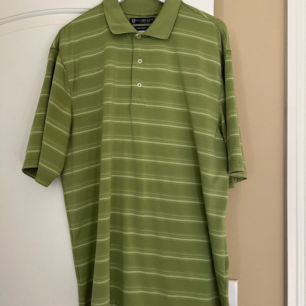 Men's Oxford Golf shirt Green and White striped shirt, Size M like new-condition
